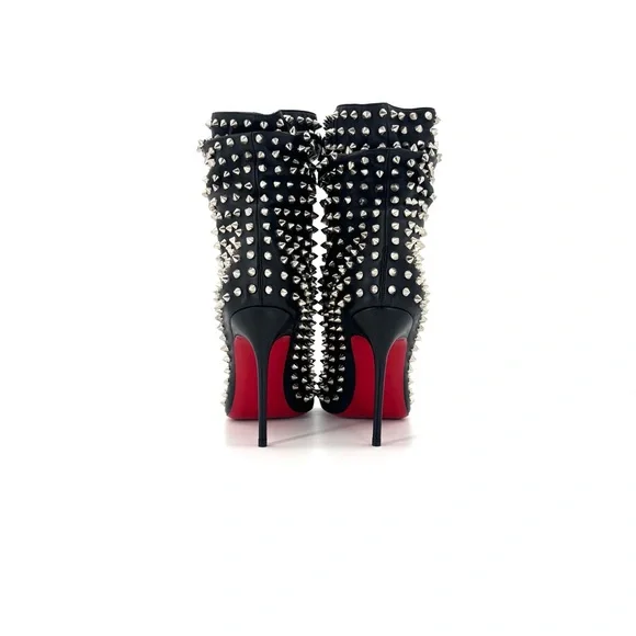 NEW Christian Louboutin Guerilla 100 Silver Spike Leather Peep Toe Booty 37.5 - Picture 4 of 10